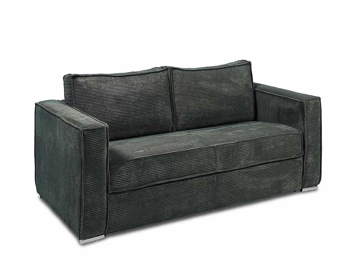 Canapé 4 places convertible express en velours côtelé vert sapin – Couchage à lattes larges 160 cm, Matelas 14 cm LORETO