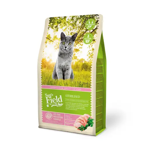 Pour plus de confort à l’extérieur:Croquette pour chat adulte stérilisé au poulet Sam's Field - 2,5 kg