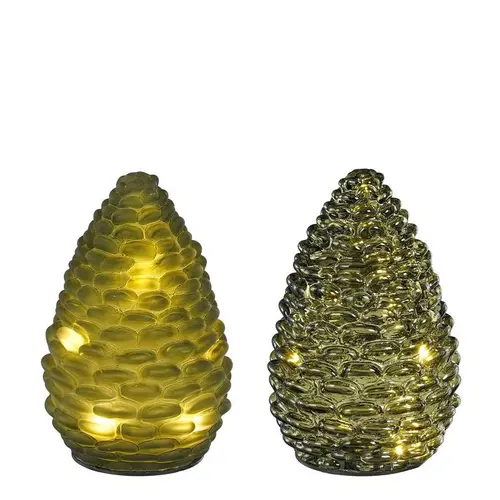 Jardin sélection:Photophore vert forme pomme de pin en verre avec 10 LED et minuteur - Ø 10 x H 15 cm