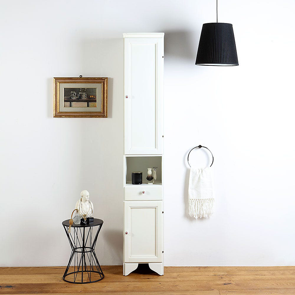 Colonne Haute De 196Cm Avec 2 Portes Et Compartiment Ouvert En Blanc Décapé. – Réf. QNDQCPYMA0438786656
