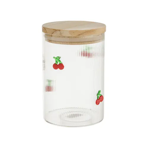 Un plus pour votre jardin：Bocal en verre transparent avec motif cerises rouges et couvercle en bois - Ø 9,5 x H 13,7 cm