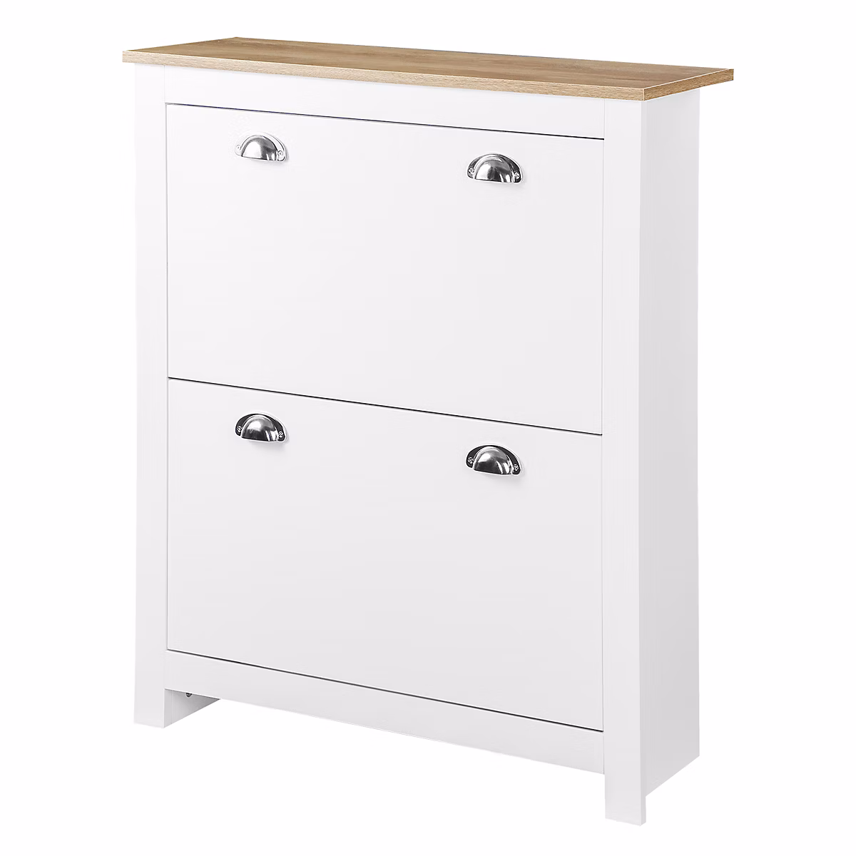 Armoire à chaussures 2 portes abattantes 2 compartiments poignées coquilles métal MDF blanc chêne clair – Réf. UPUPKYHMI5201602496