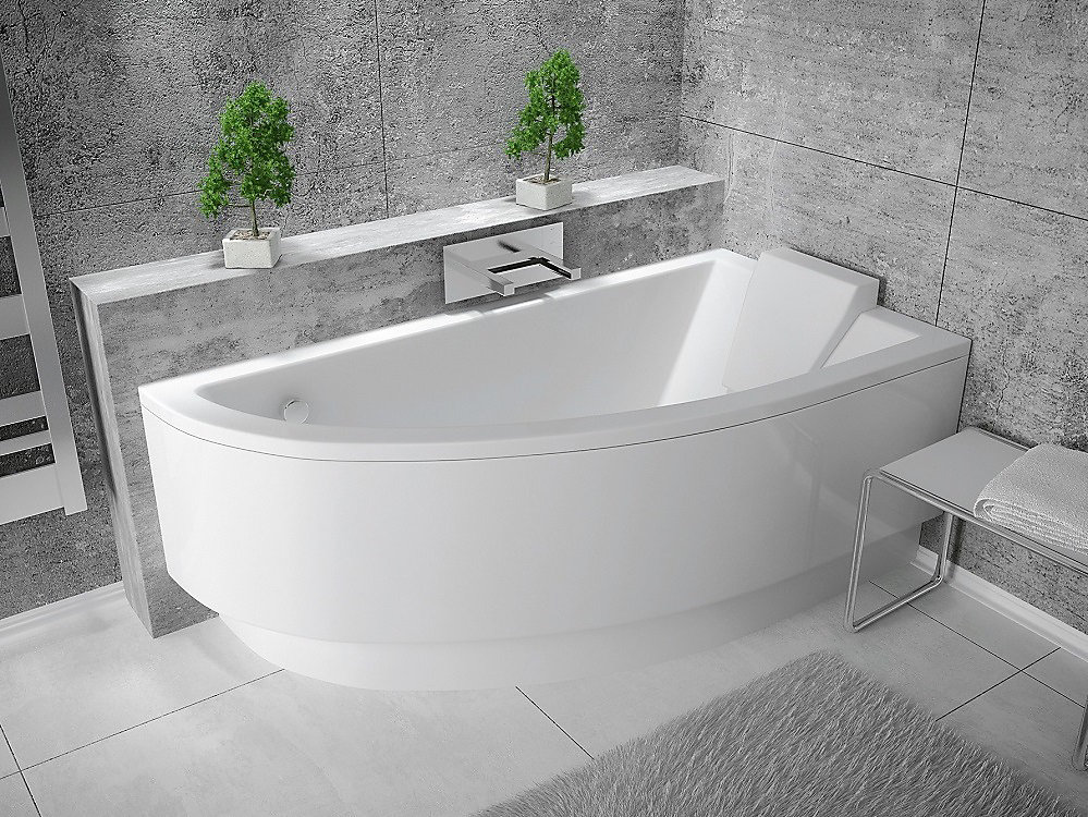 Baignoire asymétrique + tablier blanc + repose tête – PRAKTIKA | 150 × 70 cm | Droite