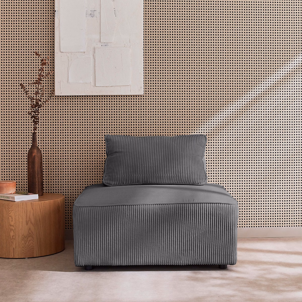 Chauffeuse pour canapé modulable velours côtelé gris avec un coussin – Réf. OQXDMHZVA8764704809