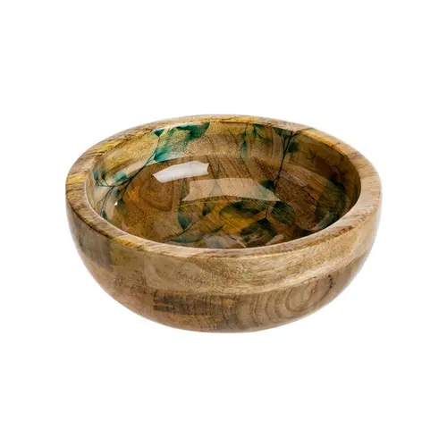 Pour personnaliser votre jardin:Coupe en bois de manguier à décor de feuillage vert petit modèle - Ø 15 x H 5 cm