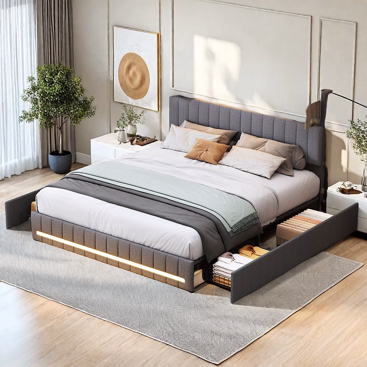 Cadre de lit double gris 140 × 200 cm | sommier à lattes – rembourré avec tête de lit rangement – 4 tiroirs intégrés et montage facile