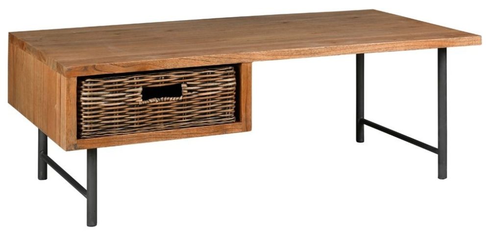 Table basse en bois, métal et tiroir rotin