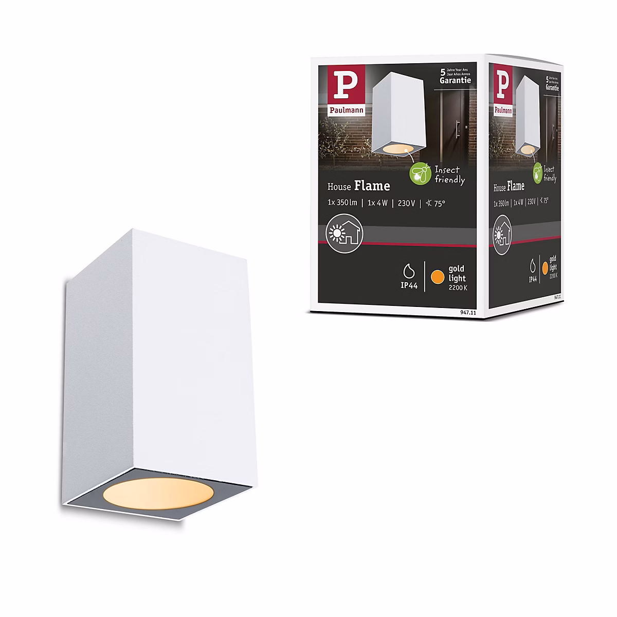 Applique LED Flame favorable aux insectes IP44 carré 58 × 103mm 2200K 4W 265lm 230V 75 Blanc Métal