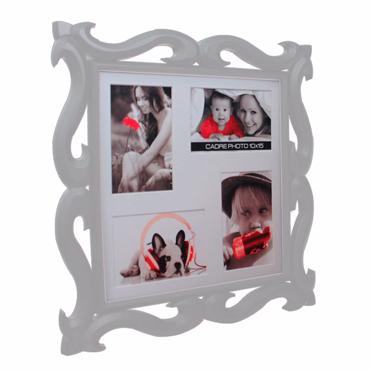 Cadre mural 4 photos design baroque Blanc – L. 40 x l. 40 x H. 2 cm