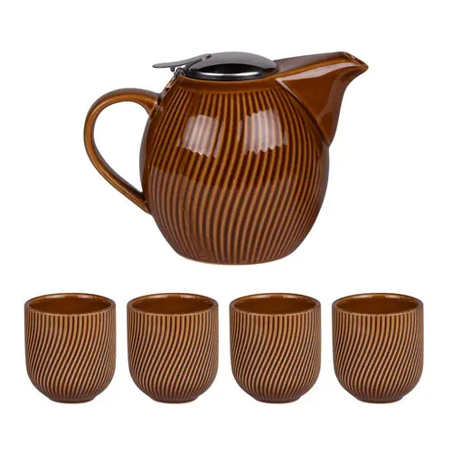 Solution maison：Coffret théière 0,9 L et 4 gobelets en grès marron Mao - les 5 pièces