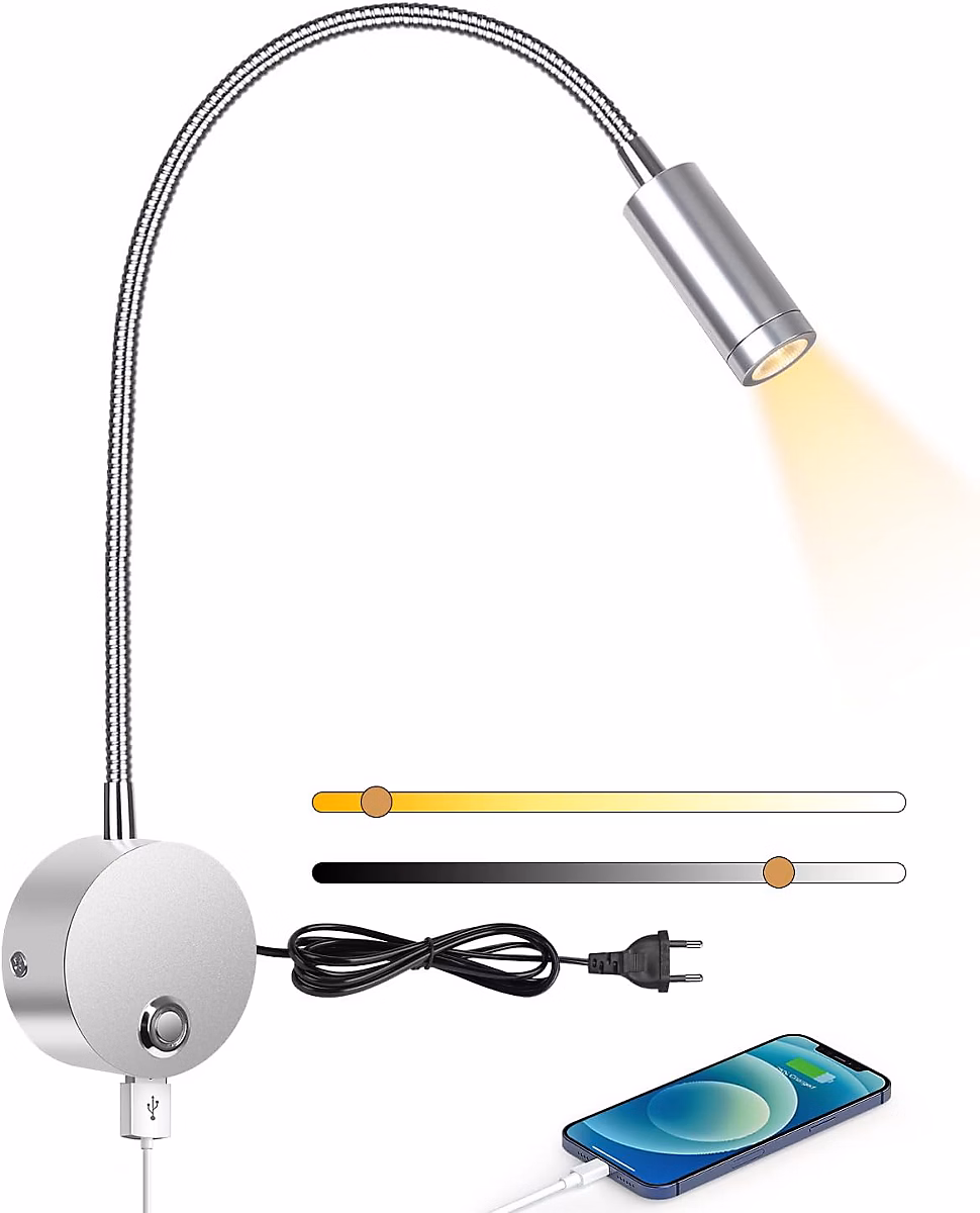 BASHLWUA Lampe de lecture murale argentée 3000 | 6000K – lampe de chevet murale LED 3W avec interrupteur tactile à intensité variable