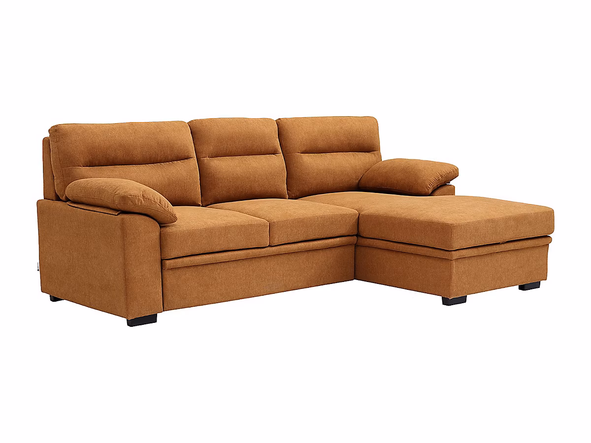 Canapé d'angle droit convertible en tissu terracotta avec tablette ULENIO – Réf. OIPBJBPBG5023896468