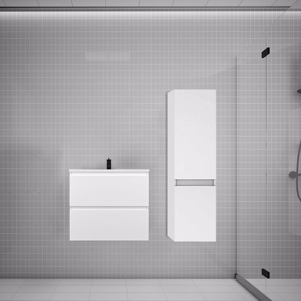 Ensemble meuble de salle de bains – Ensemble meuble vasque L.60cm blanc 2 tiroirs + lavabo + colonne design