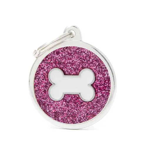 Choix utile：Médaille à graver pour chien coloris rose pailleté grand cercle avec un os blanc Myfamily Shine