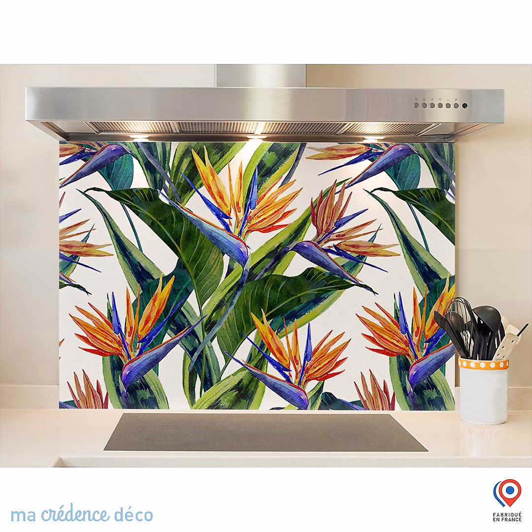 Crédence cuisine fond de hotte feuilles et fleurs tropicales 1 – Alu composite, L 60 cm x H 45 cm, MaCrédenceDéco