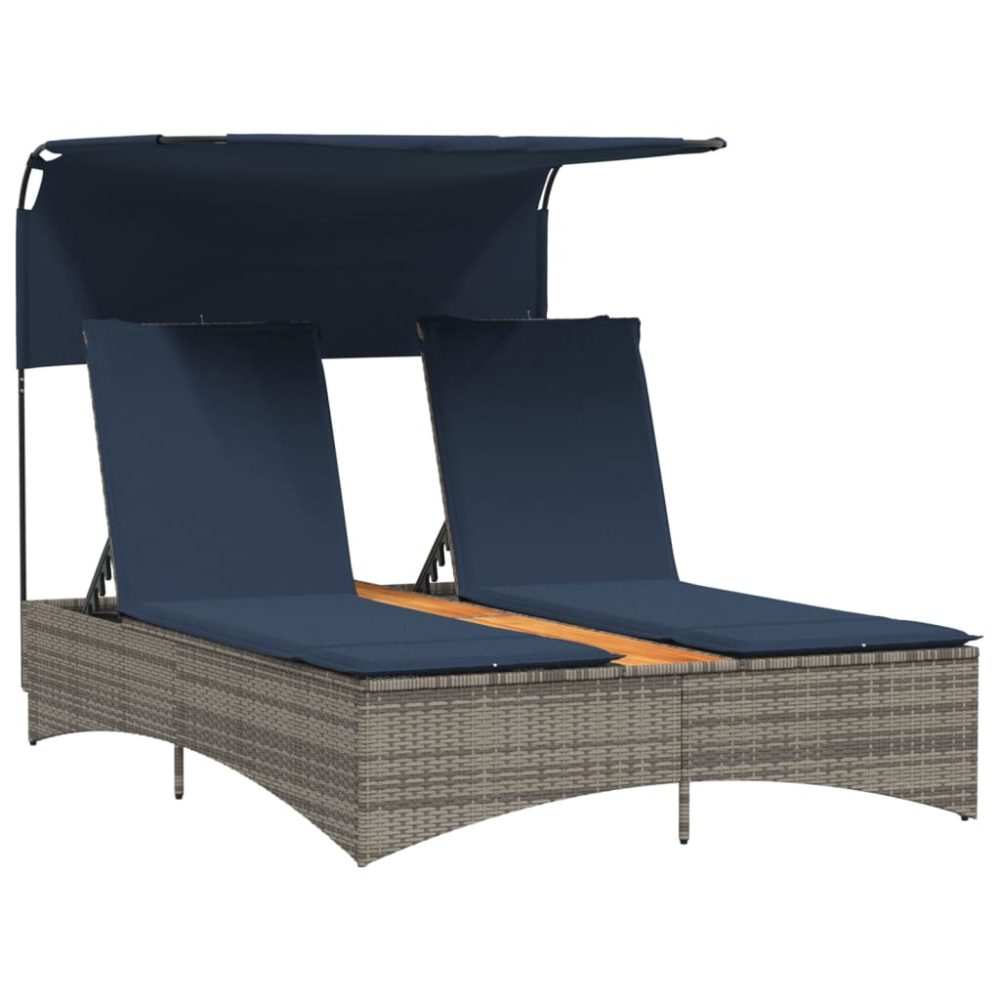vidaXL Chaise longue double avec auvent et coussins en polyrotin gris – Mobilier de jardin