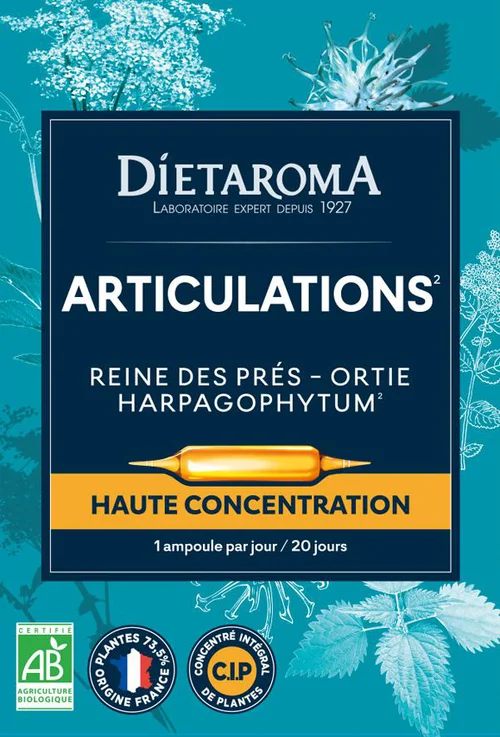 Accessoire au jardin:Complément alimentaire reine des prés, ortie, harpagophytum CIP bio Dietaroma articulations - 20 ampoules x 10 ml