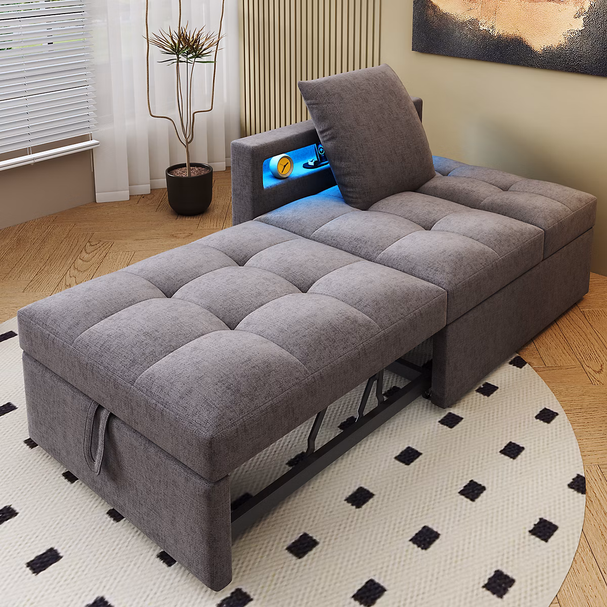 Canapé 3 places convertible avec couchage d'appoint et coffre de rangement – revêtement textile
