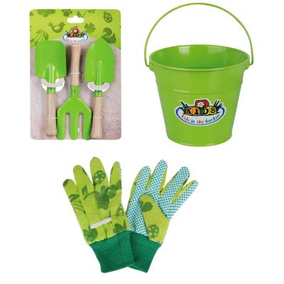 Kit petit jardinier accessoires pour enfant en métal (Seau + gants + petits outils)