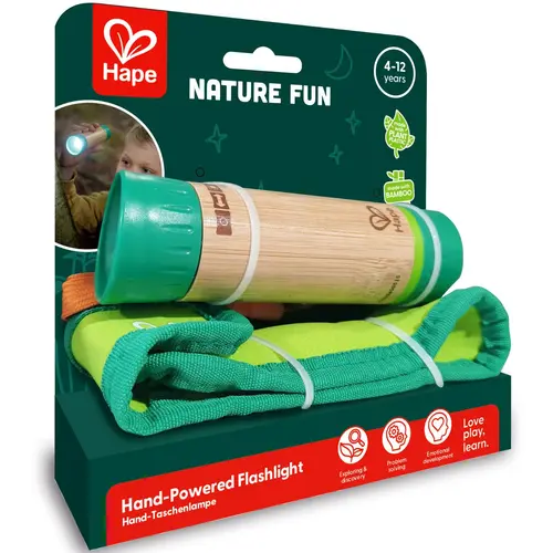 Une idée pour vos extérieurs：Lampe de poche manuelle avec étui en bambou et plastique à base de plantes Hape à partir de 5 ans - 4,2 x 4,2 x 13,5 cm