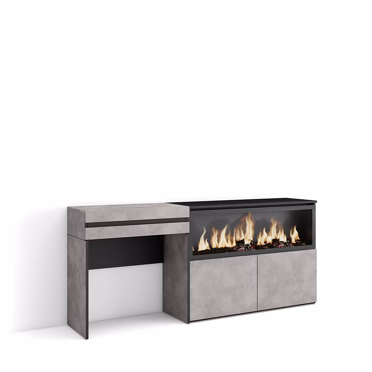 Coiffeuse 177 × 35 × 75cm avec tiroir feu led sans chaleur XXL gris ciment