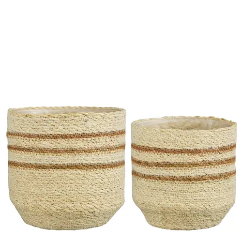 Jardin en douceur：Panier rond en zostère coloris blanc rayé marron Lena - Ø 20 x H 20 cm