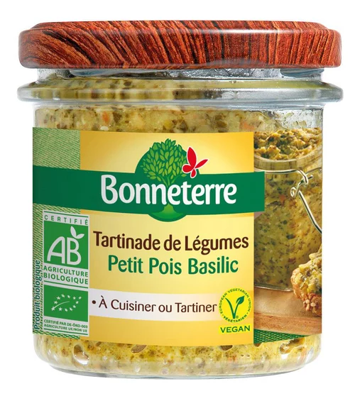 Pour un jardin accueillant:Tartinade aux petits pois et au basilic Bonneterre bio 135 g