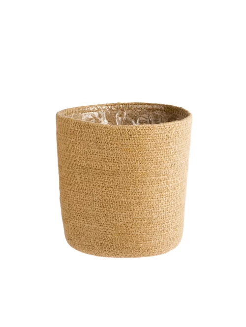 Jardin et solutions：Cache-pot vannerie naturelle coloris beige en jute - 27 x 25,5 x 21 cm