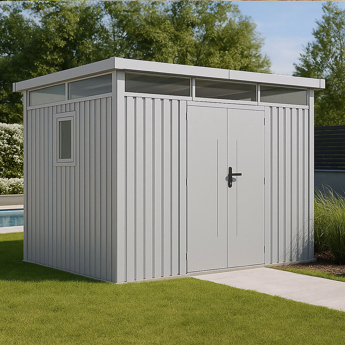 Abri de jardin métal Aluminium Blanc 7.45m² toit plat + kit d'ancrage | Abri de jardin