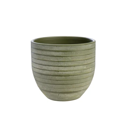 Extérieur moderne：Cache-pot en céramique vert mat Sulco – 29 x 26 cm