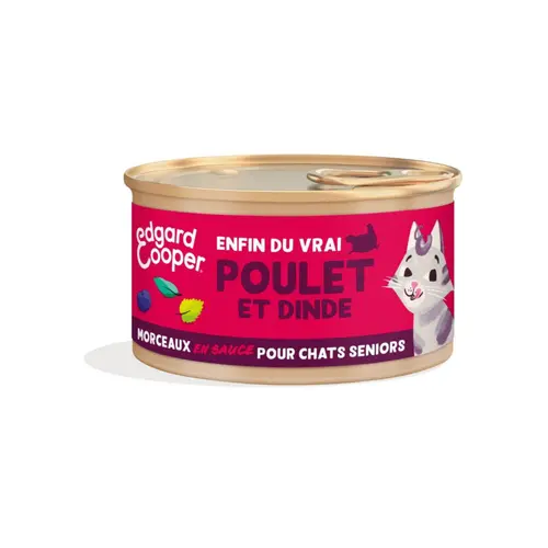 Loisirs extérieur：Pâtée pour chat senior au poulet et à la dinde morceaux en sauce sans céréales Edgard & Cooper - 85 g