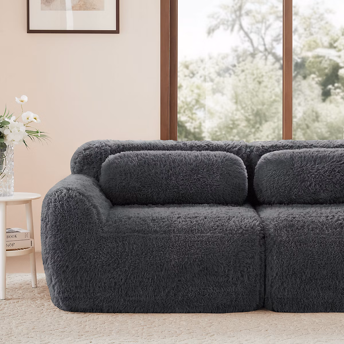 Canapé Aviana sans accoudoirs | avec coussin – tissu pelucheux – gris