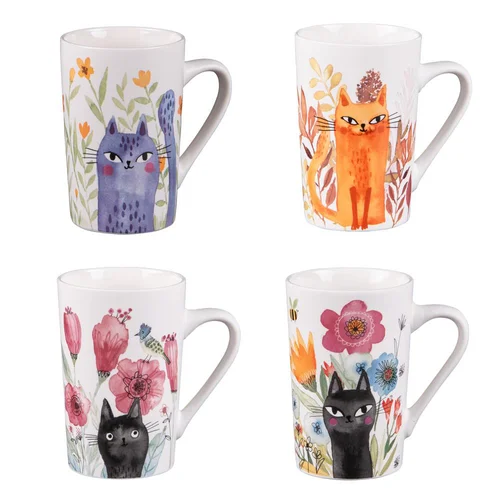 Jardin et plaisir：Mugs en porcelaine blanche motifs chats Ø 8 cm Coffret Savannah - 35 cl