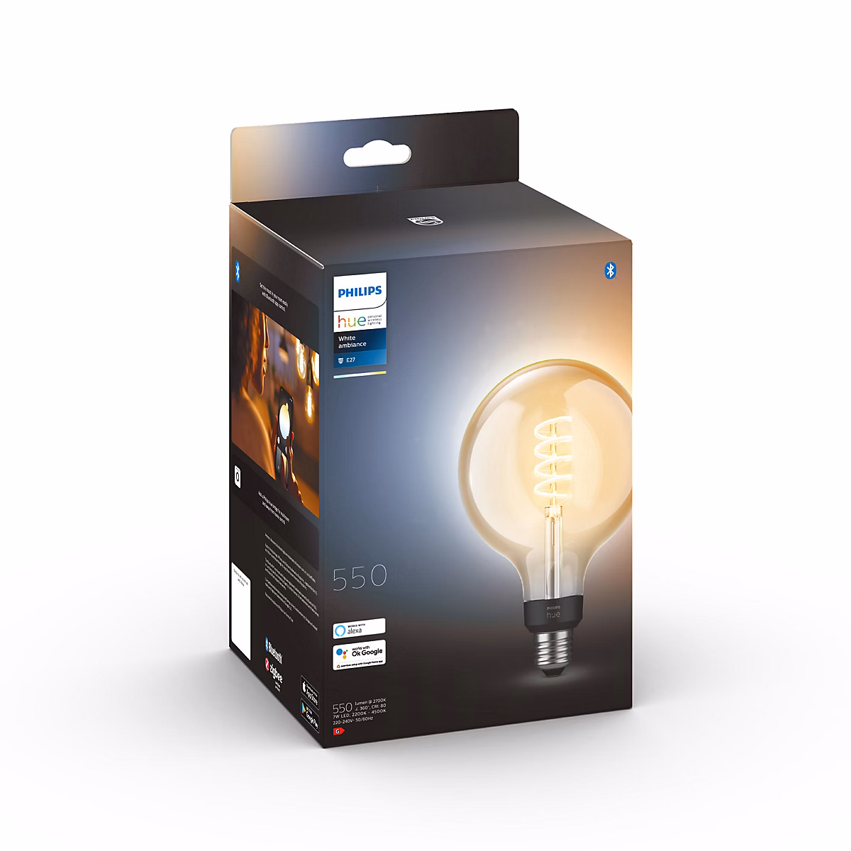Ampoule LED E27 globe filament ambré connectée blanc chaud 550 lm dimmable 7W Philips Hue – Réf. ATBSGRTYG0970219535