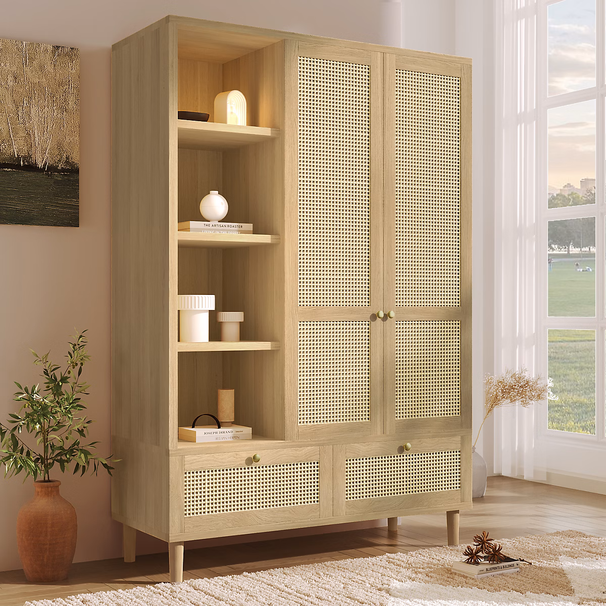 Armoire 120 × 50 × 180cm – Étagères ouvertes et tringles à vêtements, 2 portes et 2 tiroirs en rotin, style campagnard, Naturel