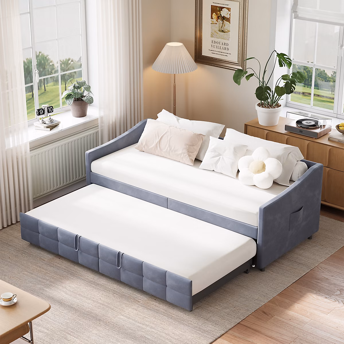 Canapé Lit Extensible 90 × 200cm en Velours Gris – Canapé Convertible avec Lit d appoint, Mécanisme Hydraulique et Rangement Latéral