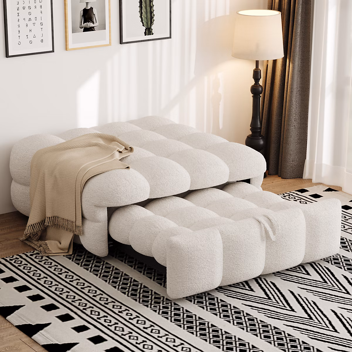 Banquette Convertible – Lit Pliant 2-en-1 avec Lit D'Appoint, Tissu Pelucheux Teddy, Beige, 183 × 76 × 42 cm