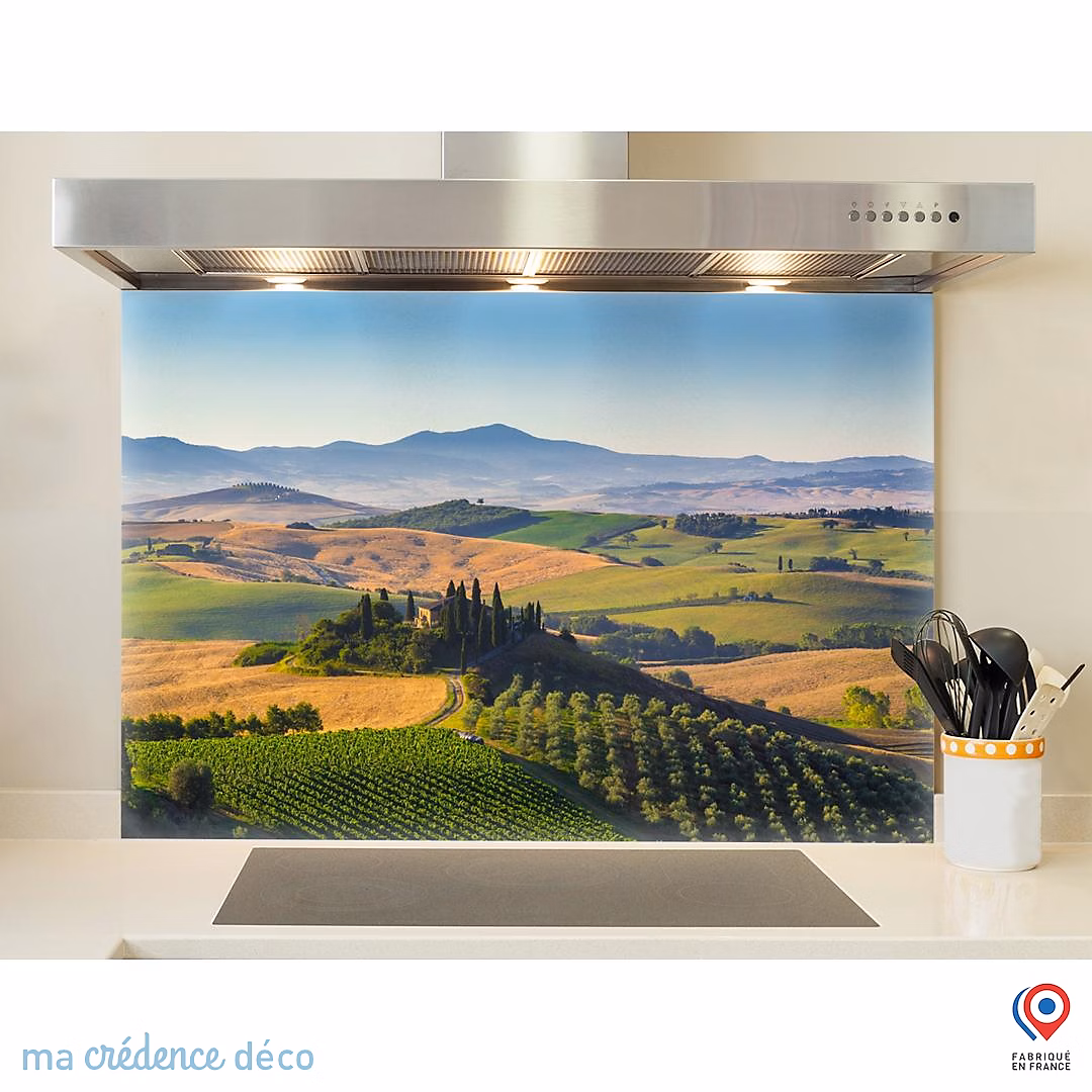 Crédence cuisine fond de hotte Toscane et paysage – Alu composite, L 90 cm x H 70 cm, MaCrédenceDéco