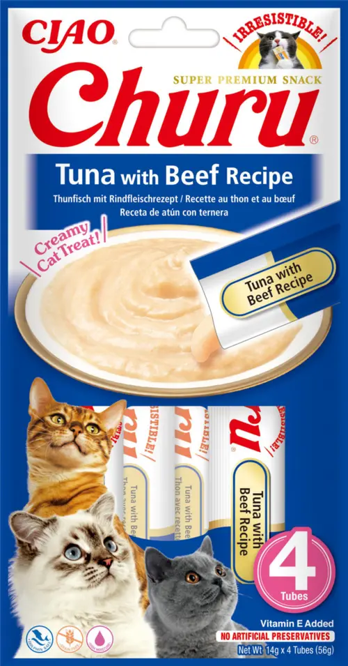 Pour votre espace vert：Friandise en crème pour chat thon et bœuf Inaba Ciao Churu - 4 x 14 g