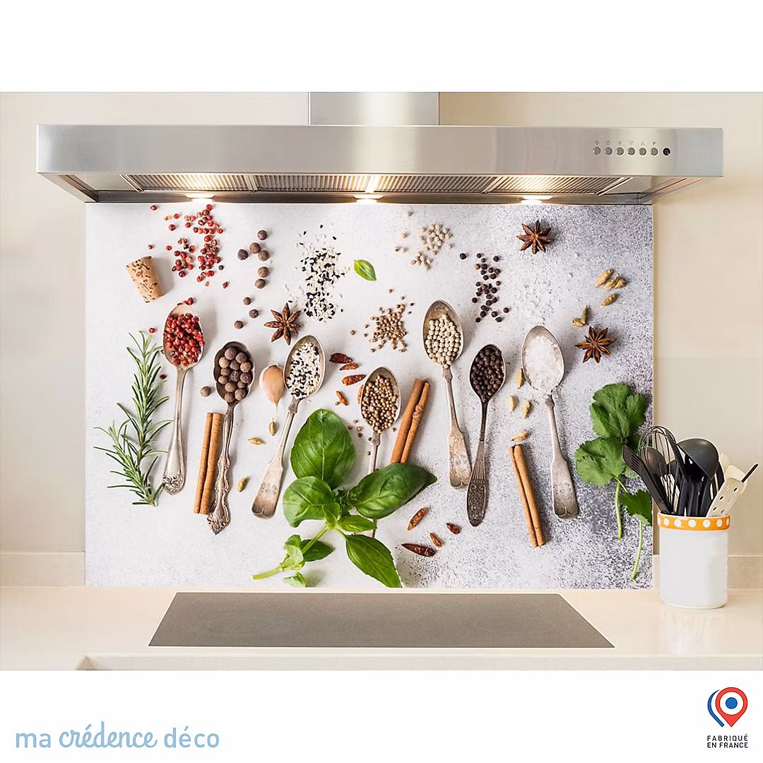 Crédence cuisine fond de hotte Epices et cuillères 3 – Verre trempé, L 90 cm x H 60 cm