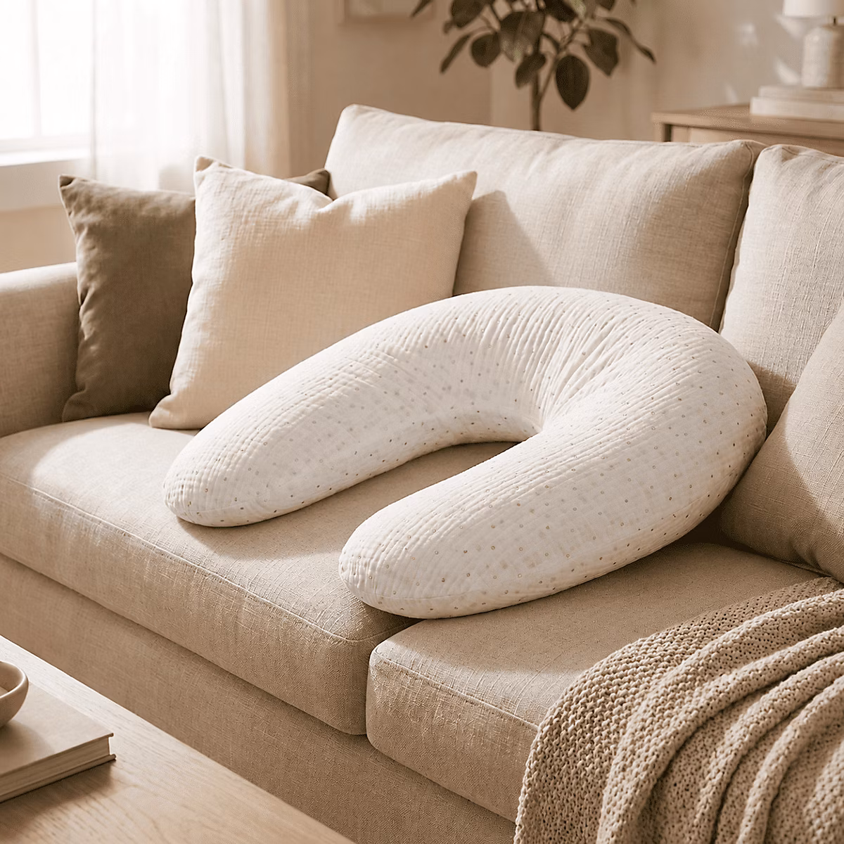 Coussin de Maternité 3 en 1 : Grossesse | Allaitement & Repos – Housse Double Gaze Coton – Blanc
