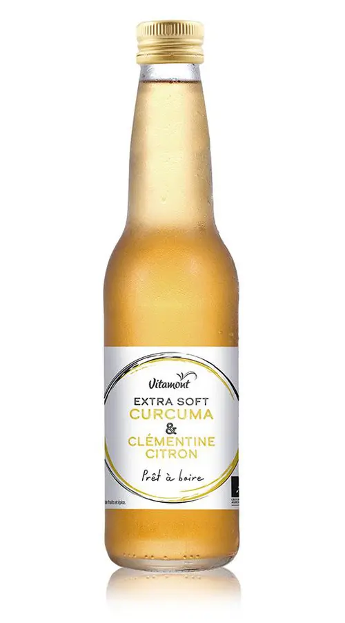 Pour mieux équiper vos extérieurs:Boisson bio Extra Soft curcuma et clémentine citron Vitamont – 33 cl