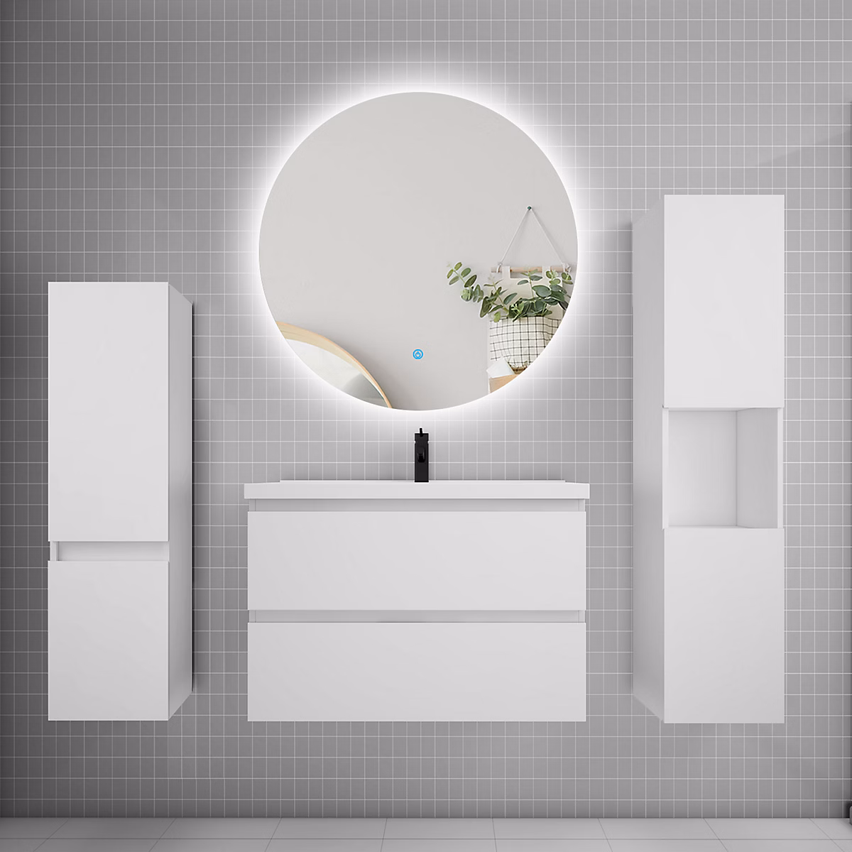 Ensemble meuble blanc et lavabo L.80cm 2 tiroirs + colonne x2 haut + lavabo + miroir 60 × 60cm – suspendu