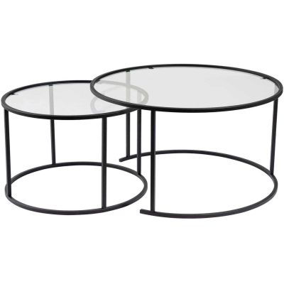 Ensemble de 2 tables gigognes rondes en métal et verre Auruma (Noir avec verre transparent)