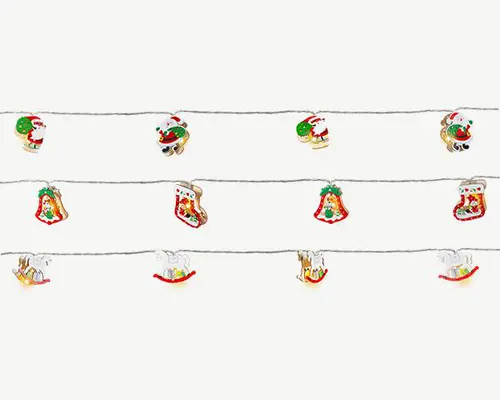 Malin pour le jardin:Guirlande lumineuse avec décor rouge et vert de Noël à 10 LED blanc chaud et câble argent sur piles - 1,80 m