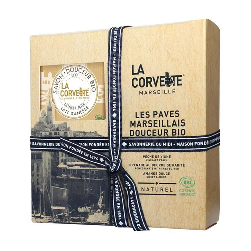 Pour un jardin accueillant：Coffret de savons La Corvette “Les pavés marseillais douceur bio” - 4 x 100 g