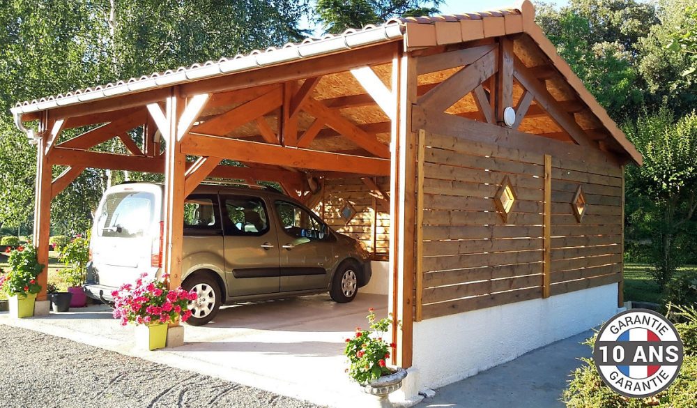 Carport 2 pentes faitage décalé – 650cmx600cm, bois DOUGLAS Français (Charpente en bois-auvent-abri voiture)39 m². Garantie 10 ans