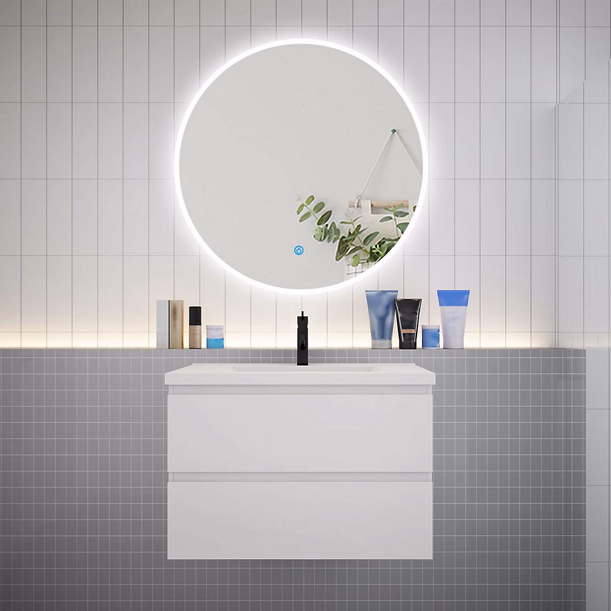Ensemble meuble vasque L.80cm 2 tiroirs + lavabo + LED miroir rond 90cm – blanc, easy