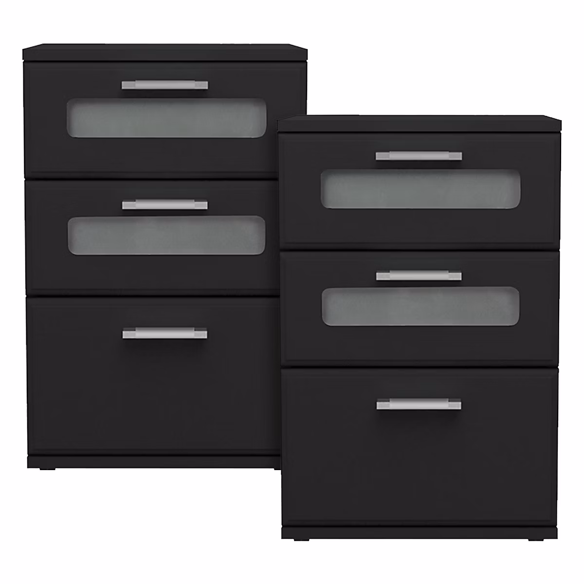 2x Table de nuit chevet avec 3 tiroirs et 2 inserts vitrés noir MDF 40 × 60 × 38 cm