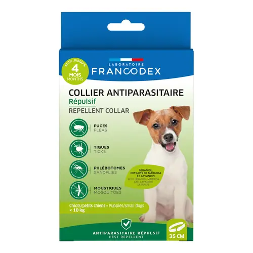 Pour vos envies d’extérieur:Collier insectifuge pour chiot et petit chien coloris blanc Francodex - Ø 35 cm